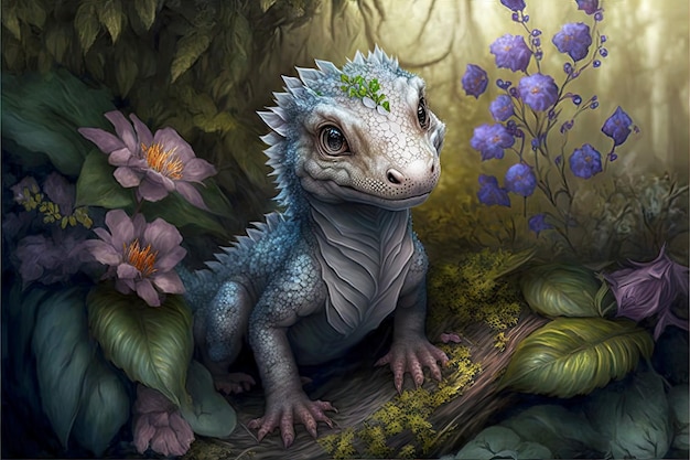 Light grey little cute little dragon among forest flowers generative ai