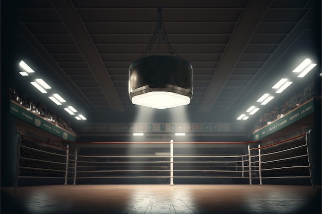 a light hanging from the ceiling of a boxing ring.