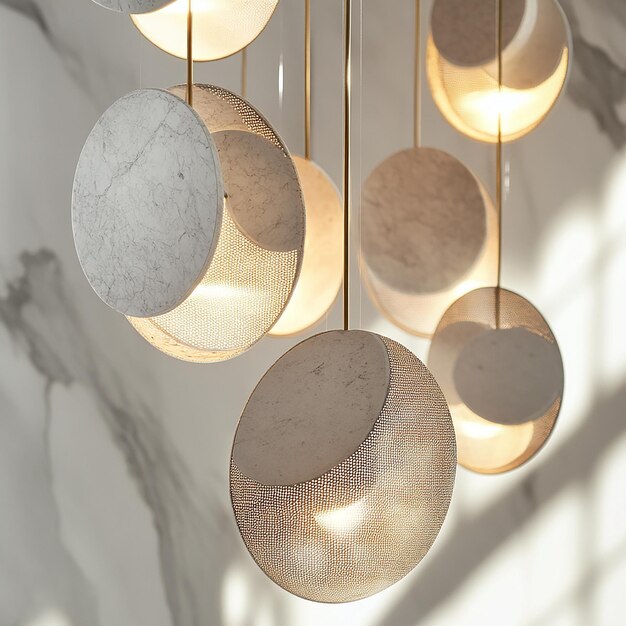 Photo a light hanging from a ceiling with a bunch of round silver and white circles