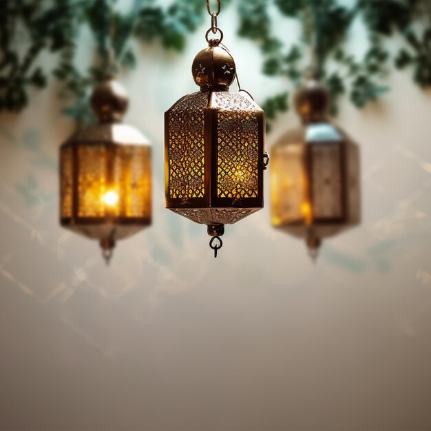 a light hanging from a ceiling with a green plant in the background