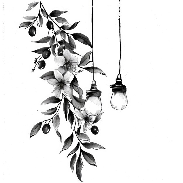 Photo a light hanging from a light with a branch of fruit hanging from it