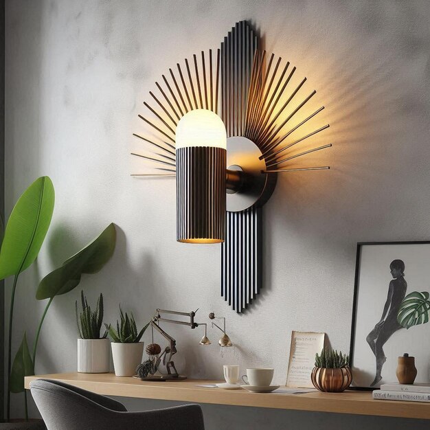 Photo a light hanging from a wall that has a plant on it