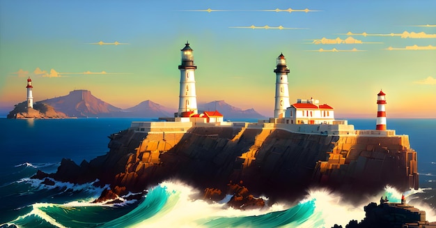 Light house Sea Ocean Background Landscape for childrens books illustrations paintings Generative AI concept