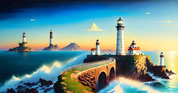 Light house Sea Ocean Background Landscape for childrens books illustrations paintings Generative AI concept