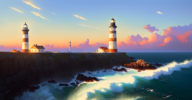 Light house Sea Ocean Background Landscape for childrens books illustrations paintings Generative AI concept