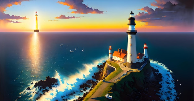 Light house Sea Ocean Background Landscape for childrens books illustrations paintings Generative AI concept