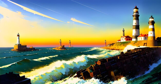 Light house Sea Ocean Background Landscape for childrens books illustrations paintings Generative AI concept