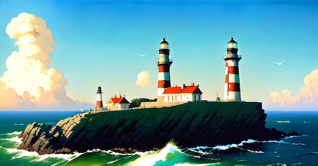 Light house Sea Ocean Background Landscape for childrens books illustrations paintings Generative AI concept