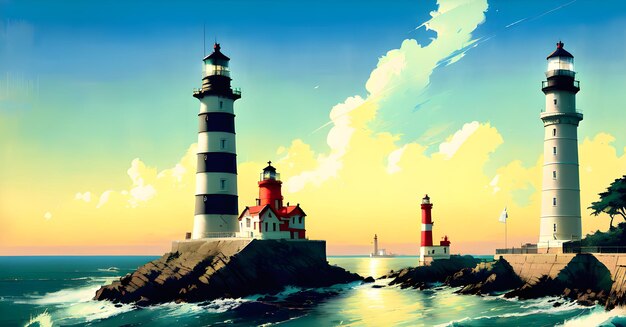 Light house Sea Ocean Background Landscape for childrens books illustrations paintings Generative AI concept