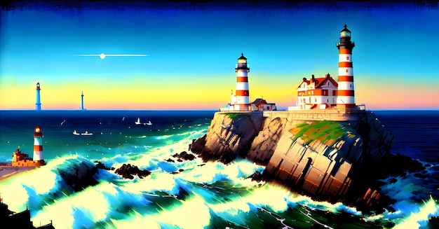 Light house Sea Ocean Background Landscape for childrens books illustrations paintings Generative AI concept