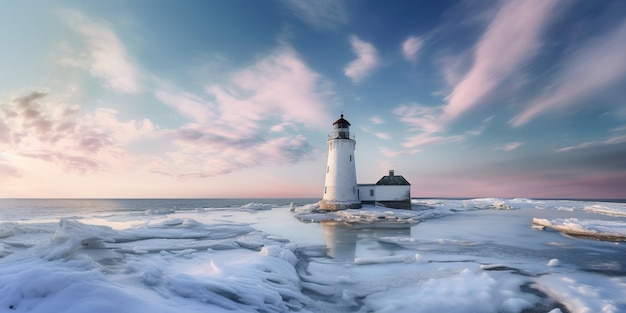 A light house sitting on top of an ice covered beach generative ai image