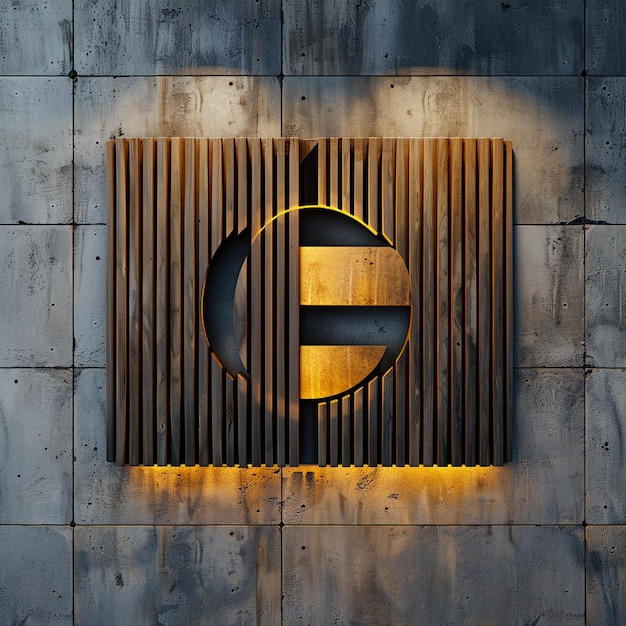 a light is lit up on a concrete wall with a symbol for e