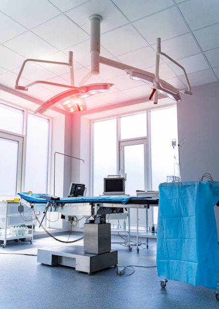 Light medical emergency room. Modern blue empty clinic ward.