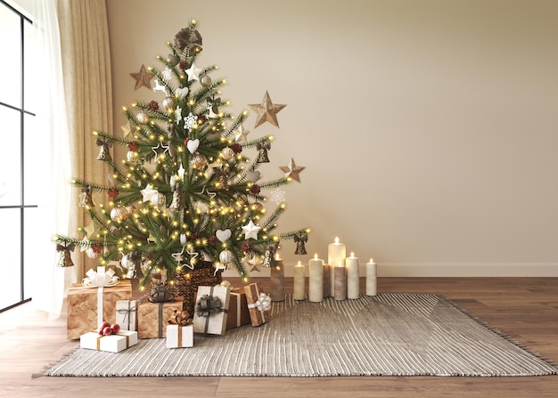 Light modern living room Christmas interior in Scandinavian style Beautiful Christmas tree with gift boxes and lighting Beige empty wall mockup 3d rendering high quality illustration