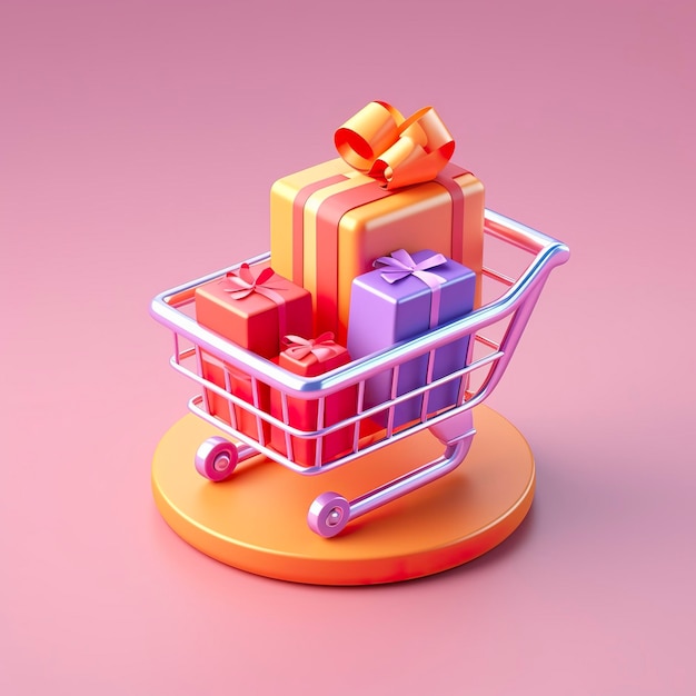 Light Orange and Pink Shopping Cart with Gift Box Icon AI Generative