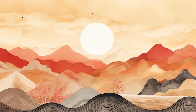 Light Orange Watercolor Mountainscape with Mingei PopInspired Sun