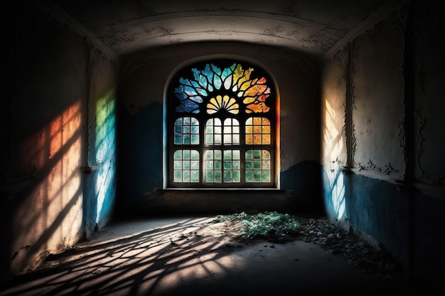 Light passes into the large empty room through colorful stained glass windows Ai generated