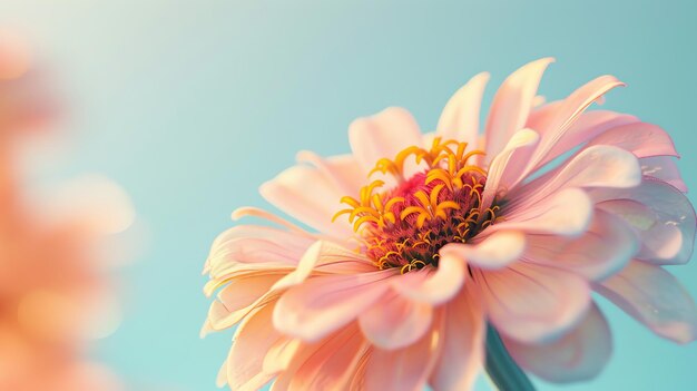 Photo light pink flower in full bloom against a pale blue background the petals are delicate and the veins are visible