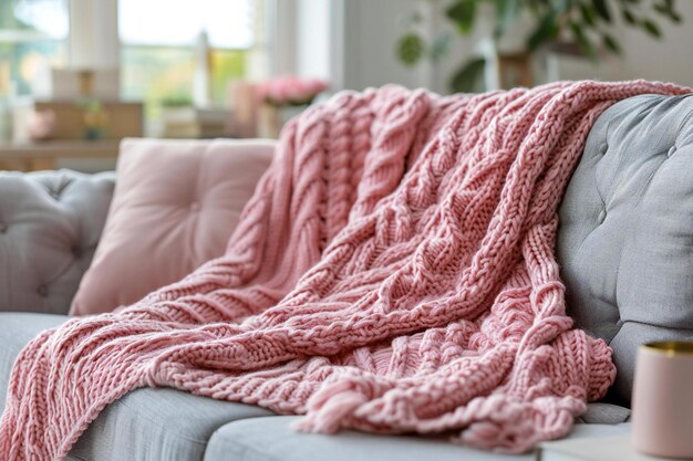 Photo a light pink hand knitted blanket lay on a grey sofa in a living room in a close up shot