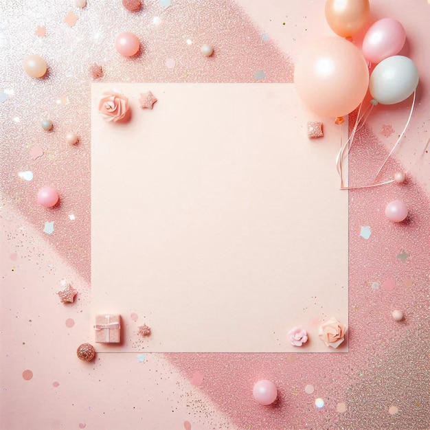 Photo light pink and peach pastel background with glitter and small pastel balloons center empty for text