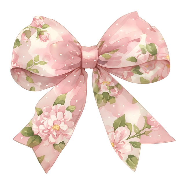 light pink ribbon bow with floral pattern print Coquette aesthetic clipart design element