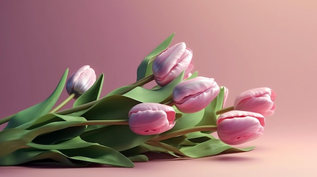 Light pink tulip bouquet on a pink background generative ai