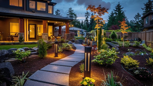 Light posts illuminated backyard garden during night hours Modern backyard outdoor lighting systems