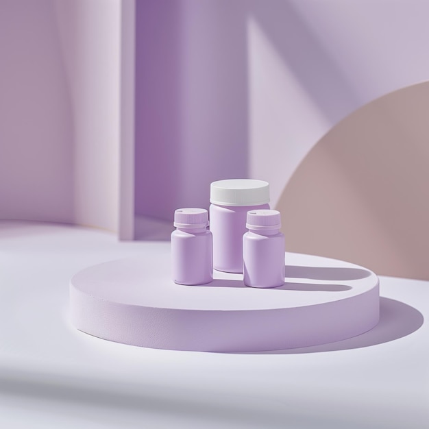 Photo light purple round base platform with two plastic pill bottles on top white box on top style raw job id e129b10aae41406fb6c1715eac78a529