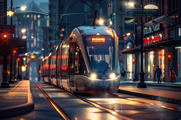 A light rail system weaving through the heart of downtown symbolizing modern urban transit