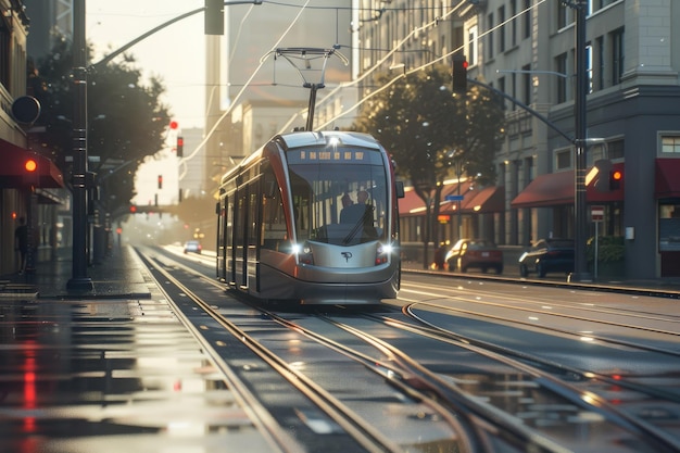 A light rail system weaving through the heart of downtown symbolizing modern urban transit