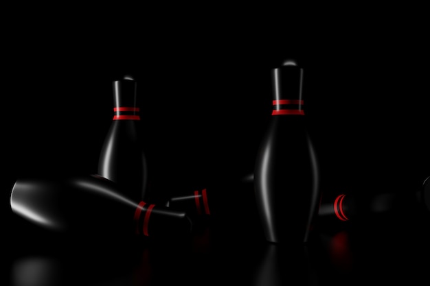 Light and shadow of bowling pins in the darkness. 3D rendering.