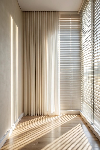 Photo light and shadows lines from curtain and silates on the white wall sunny day the suns rays mockup copy space for text