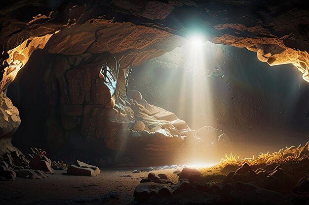 Photo a light shines through a cave