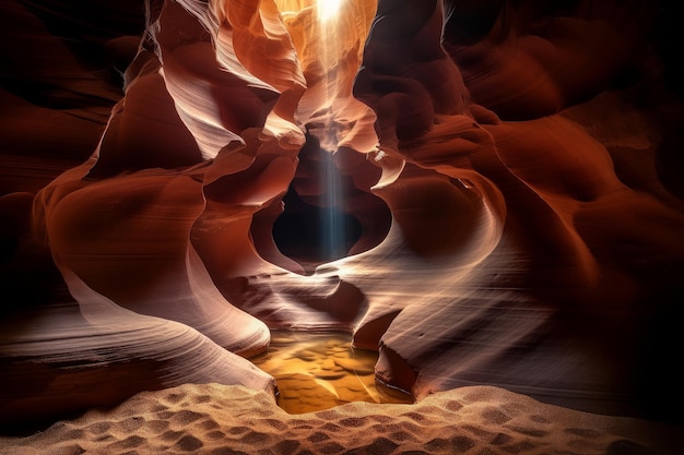 A light shines through a slot canyon.