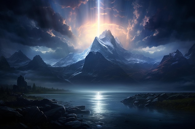 a light shining over a mountain and water high quality