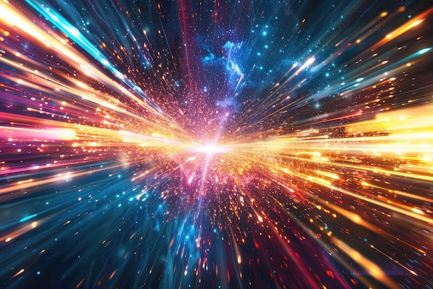 Light speed hyperspace space warp background colorful streaks of light gathering towards the event horizon