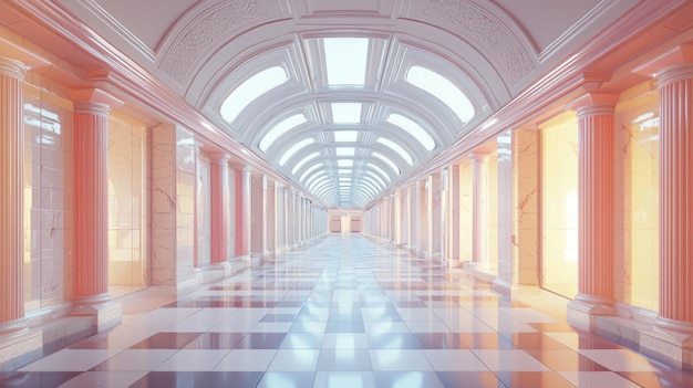 Photo light streams through the arched ceiling of a grand hall illuminating the marble columns and checkered floor