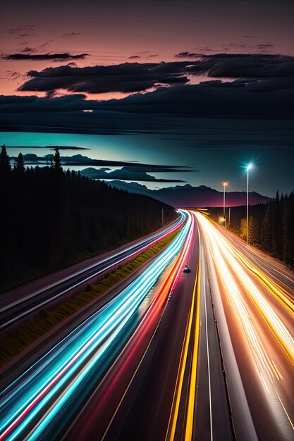 light trails from car headlights on a black and white night landscape Car rushes highway