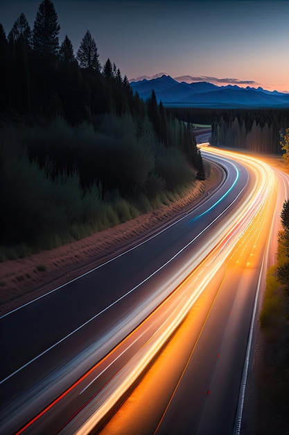 light trails from car headlights on a black and white night landscape Car rushes highway