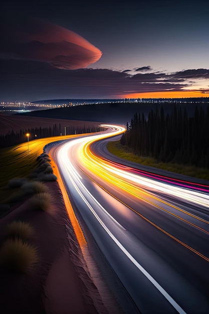 light trails from car headlights on a black and white night landscape Car rushes highway