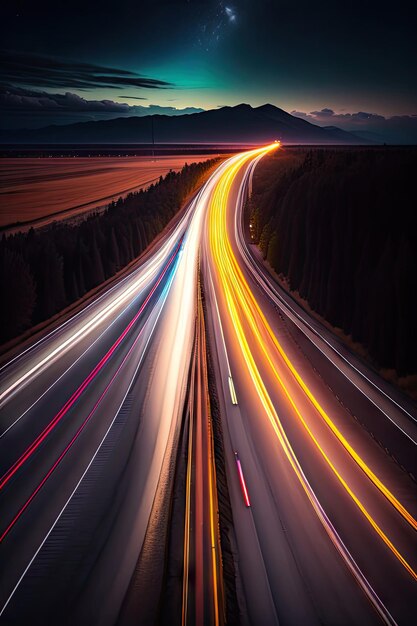 light trails from car headlights on a black and white night landscape Car rushes highway