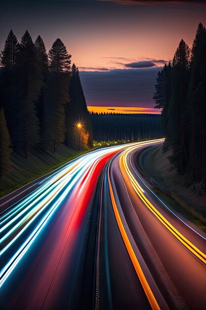 light trails from car headlights on a black and white night landscape Car rushes highway