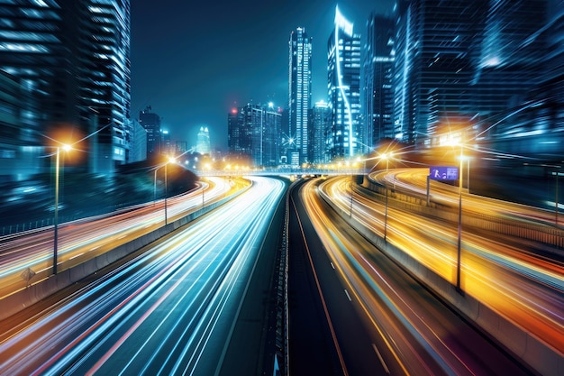 The light trails on the modern building background in city