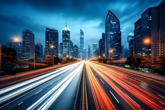 the light trails on the modern building background in shanghai china