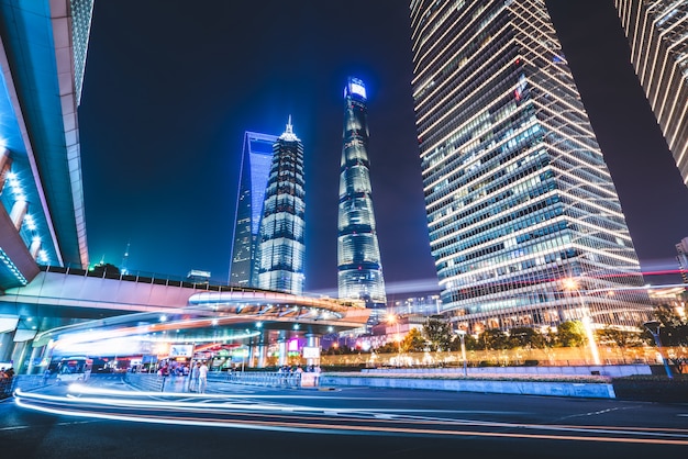 The light trails on the modern building 