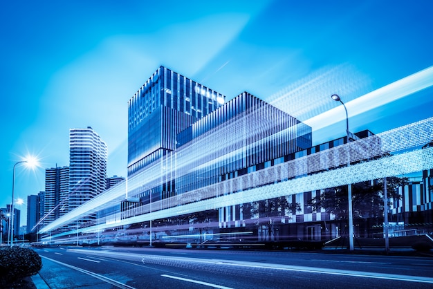 The light trails on the modern building 