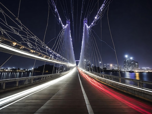 the light trails on the modern suspension bridge background Ai generation