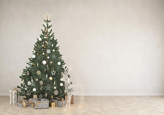 Light wall mockup with the Christmas tree gifts and the glowing figure of a deer 3d render