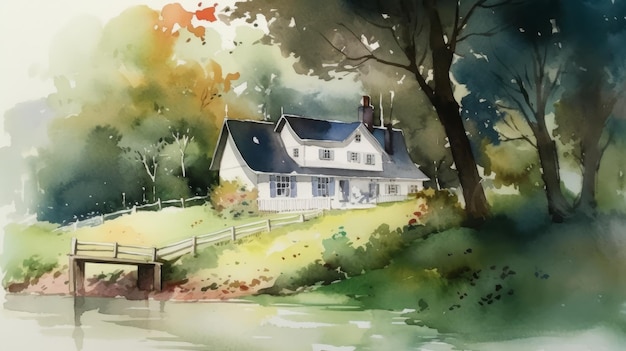 Light watercolor cottage in the woods