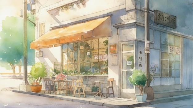 Light watercolor outside of a coffeeshop bright white background Generate Ai